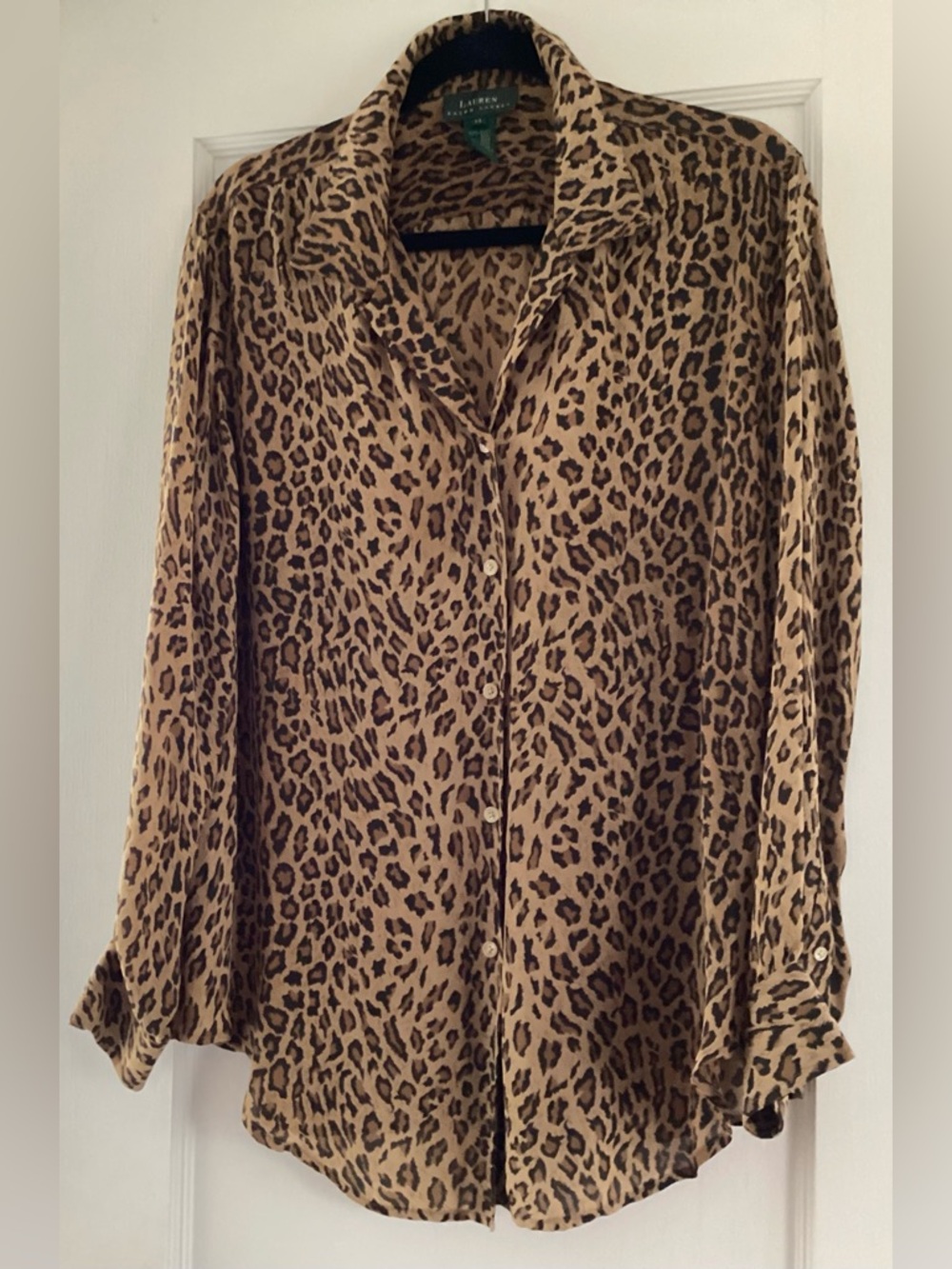 Ralph Lauren Leopard Print Button-Down Blouse in Tan and Brown